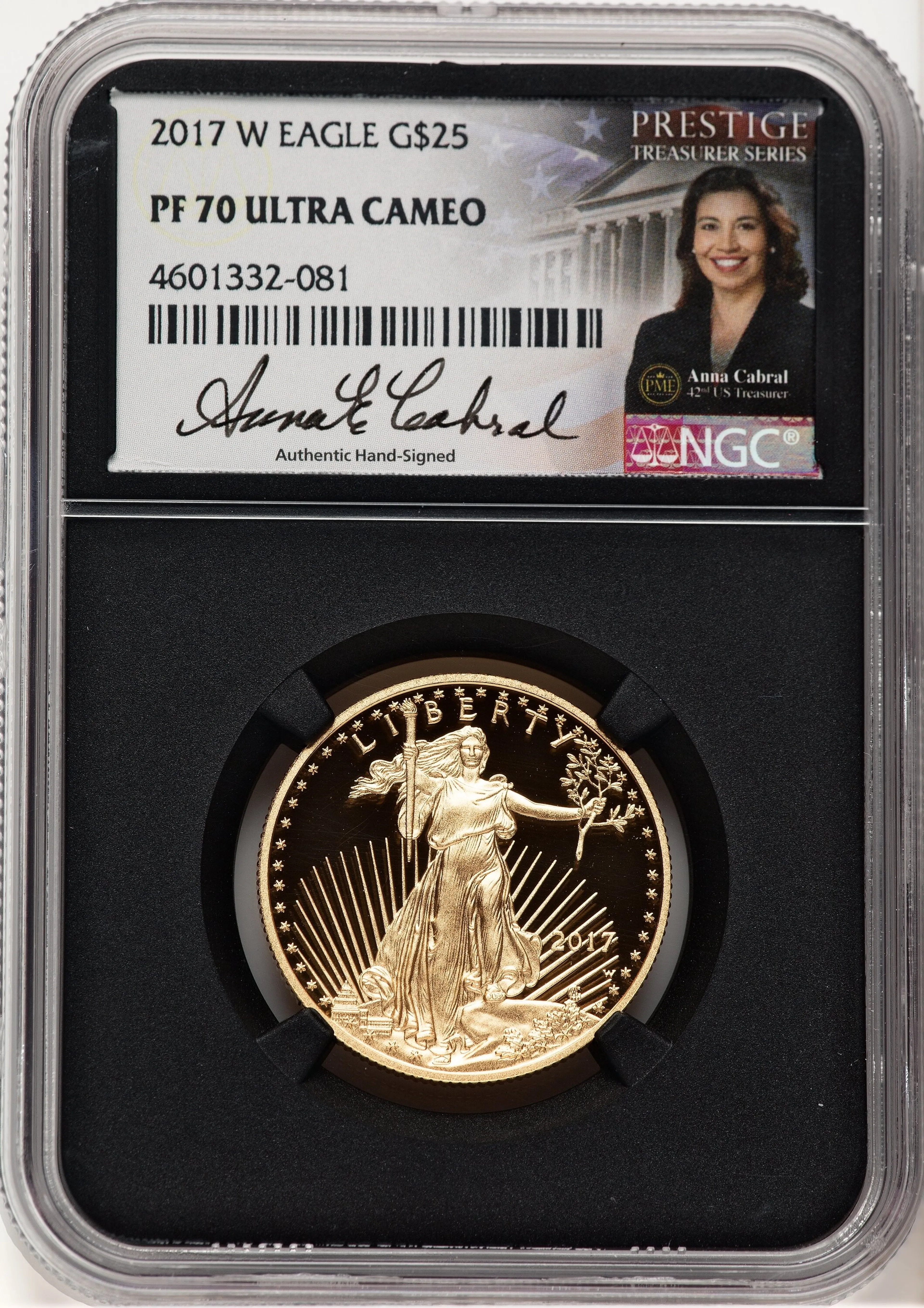 2017-W Proof Gold Eagle 1/2 oz Anna Cabral Prestige Treasurer Series Blk Core - Image 1