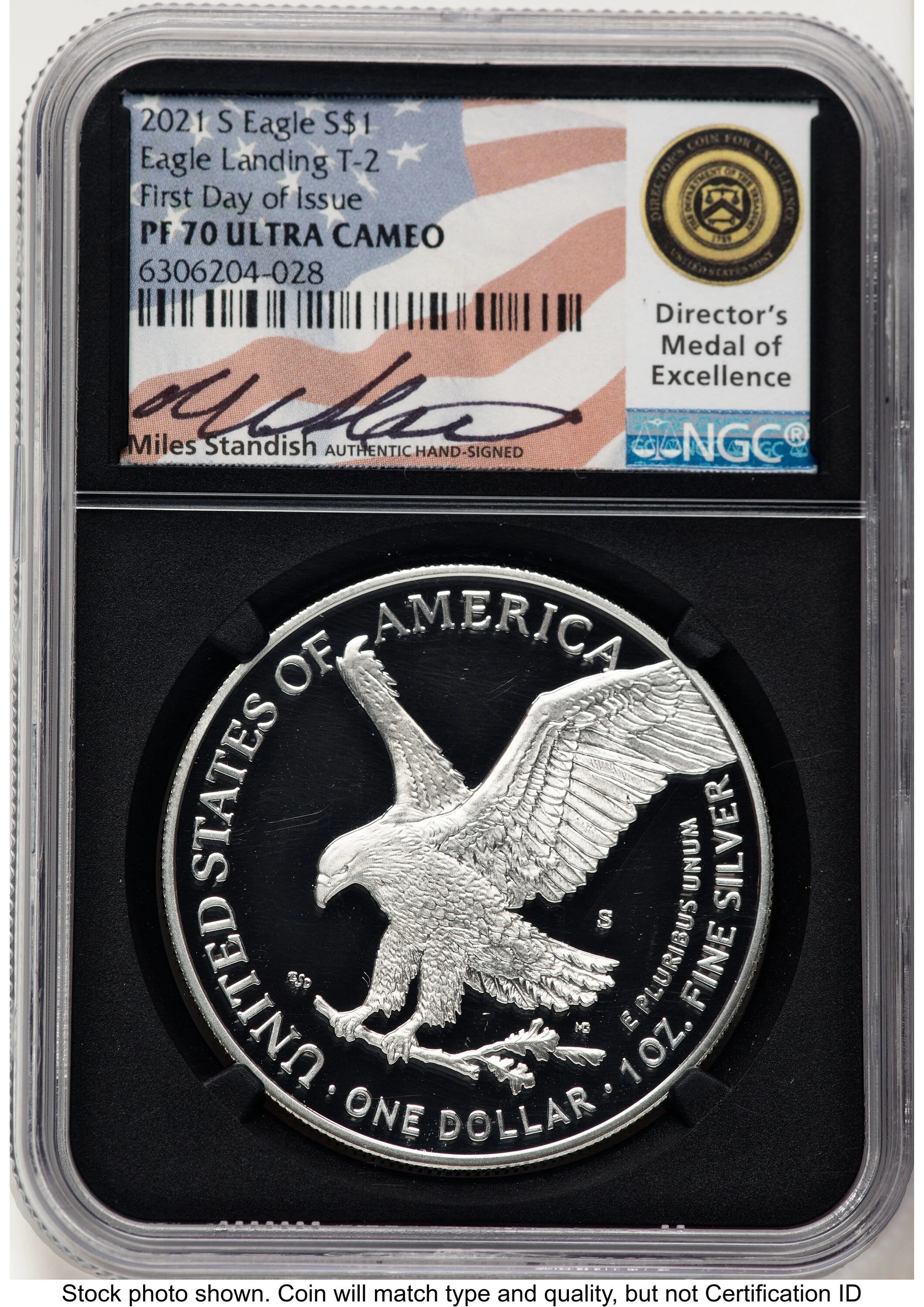 2021-S TY2 Proof Silver Eagle 1 oz FDI Miles Standish Blk Core - Image 1