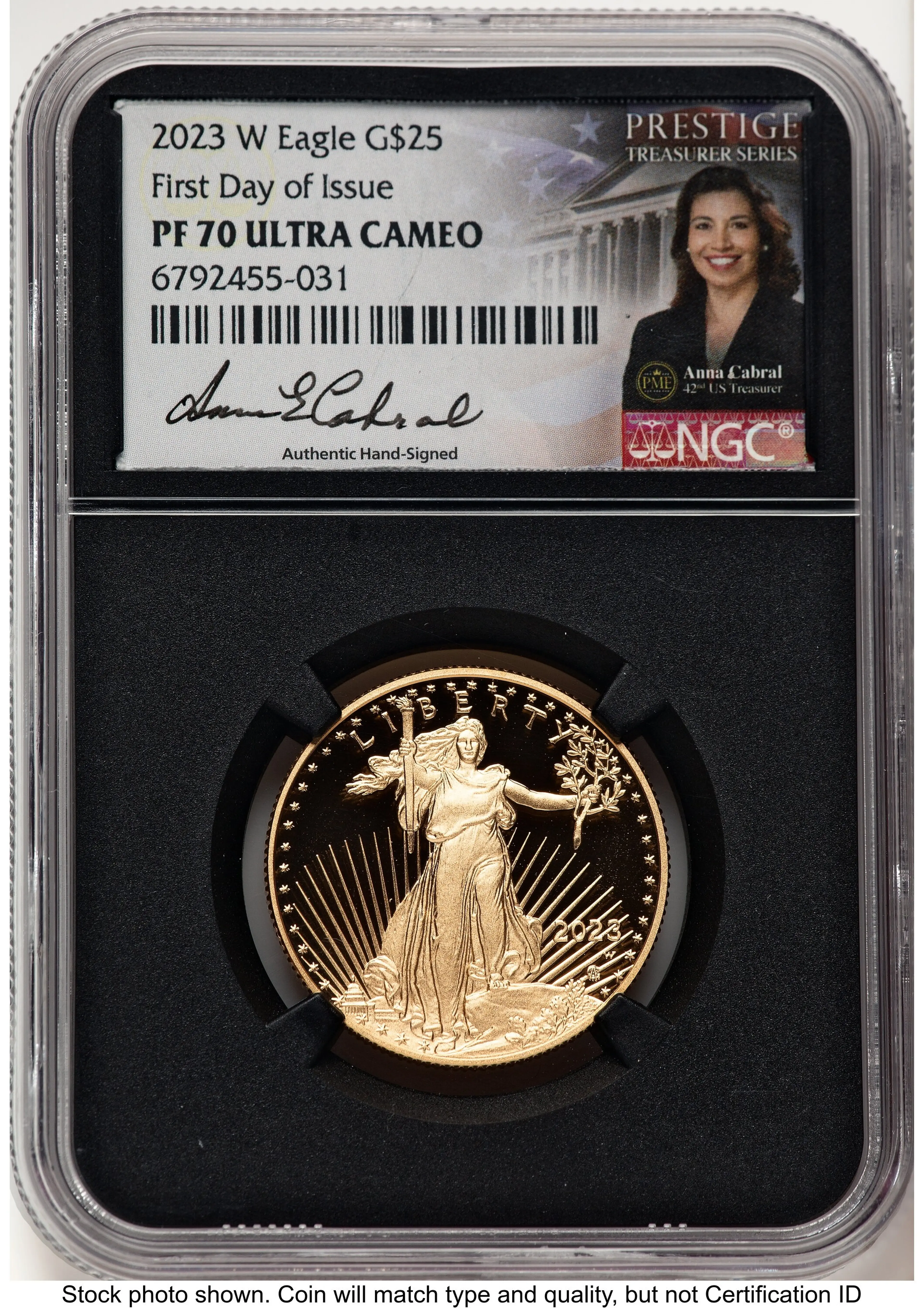 2023-W Proof Gold Eagle 1/2 oz FDI Anna Cabral Prestige Treasurer Series Blk Core