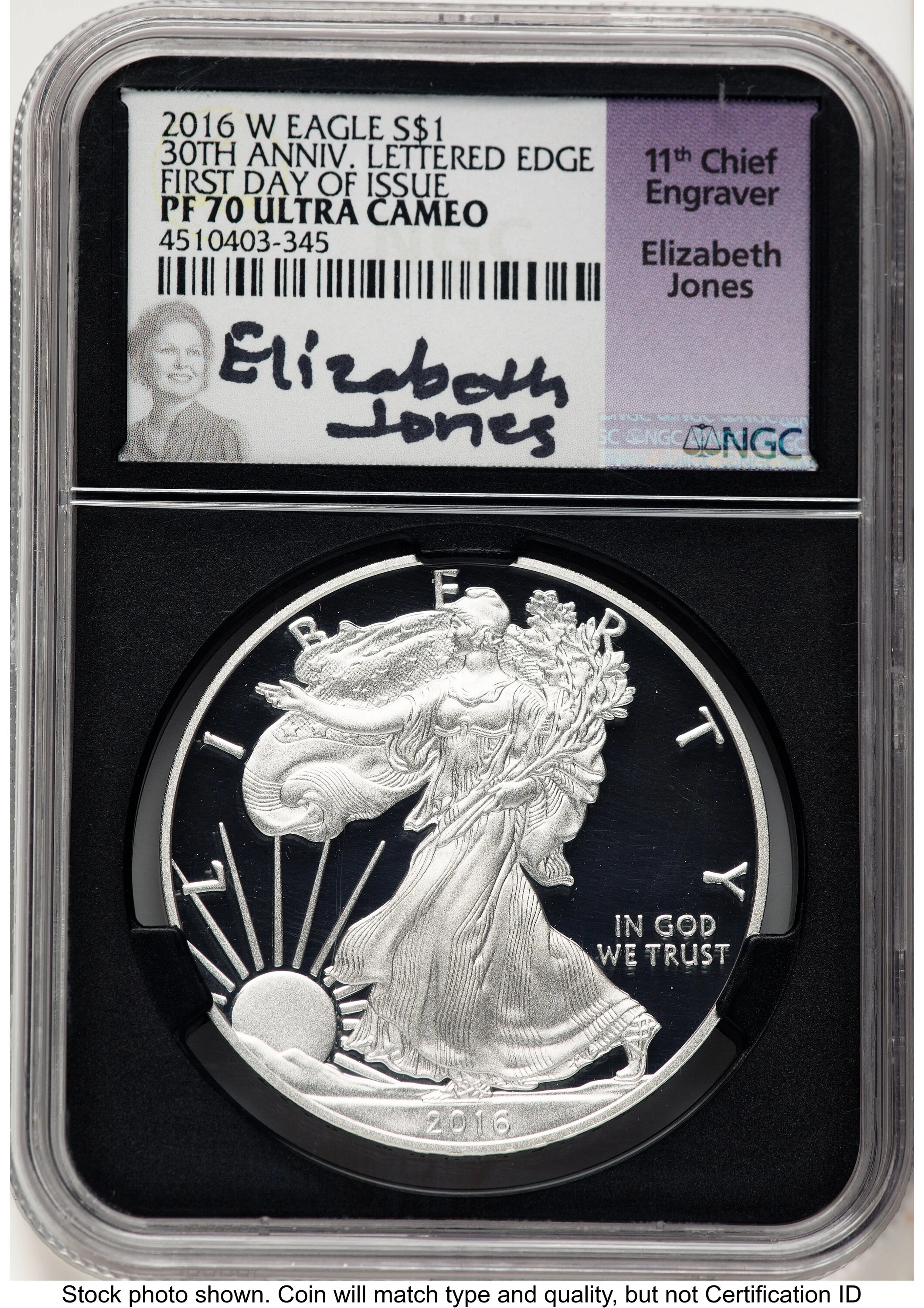 2016-W Proof Silver Eagle 1 oz FDI Elizabeth Jones Blk Core - Image 1