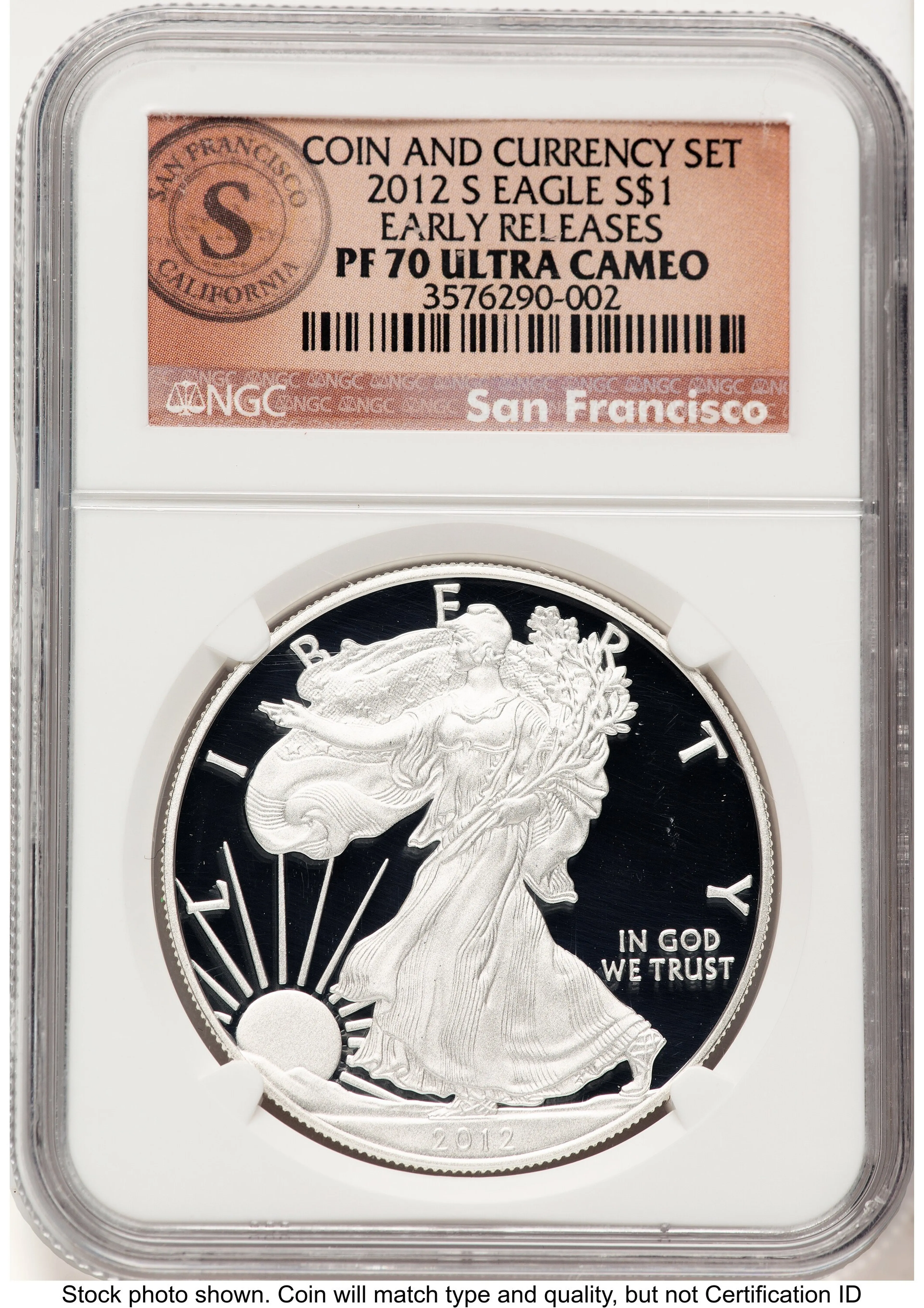 2012-S Proof Silver Eagle Coin & Currency Set 1 oz ER San Francisco Label - Image 1
