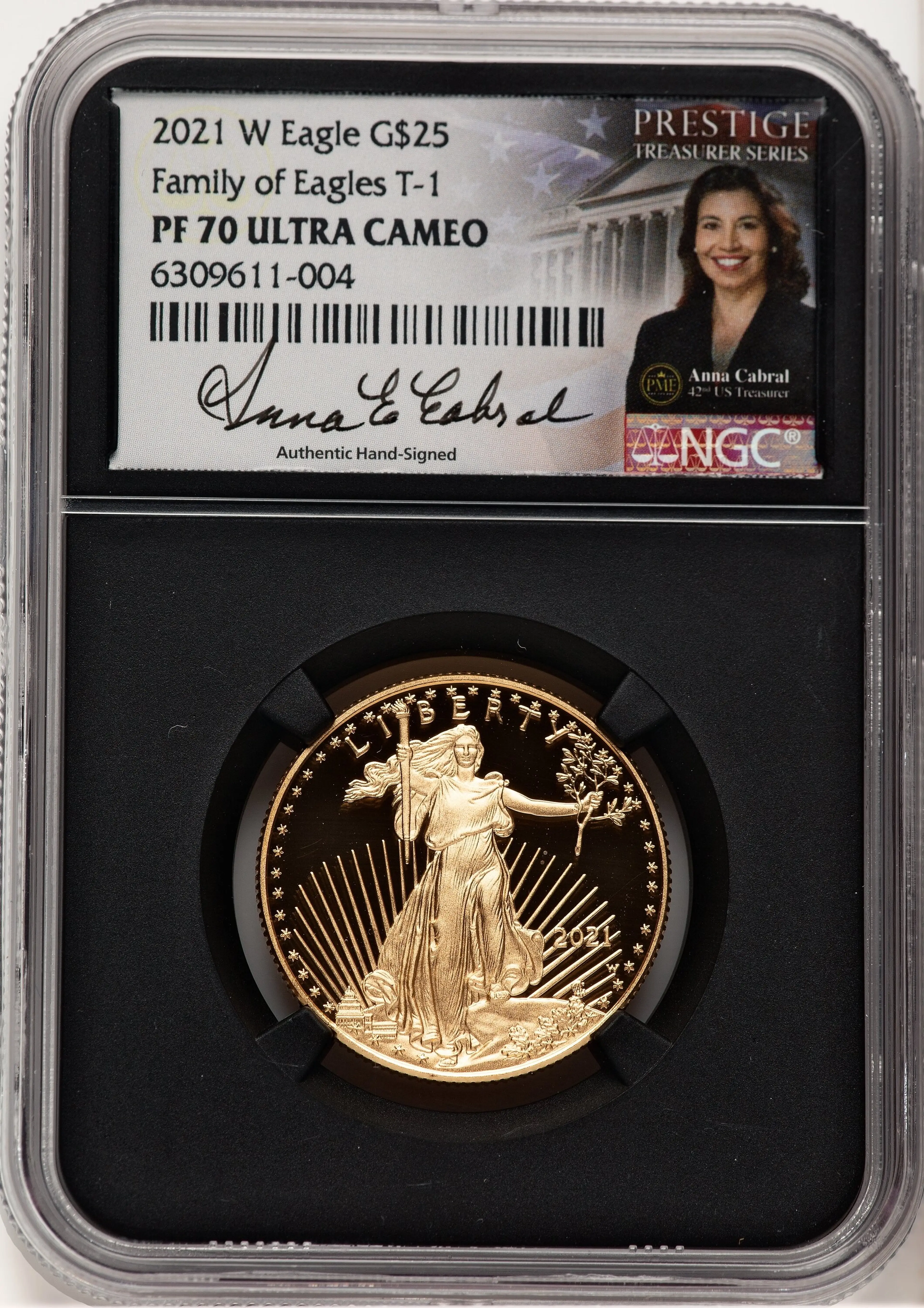 2021-W Type 1 Proof Gold Eagle 1/2 oz Anna Cabral Prestige Treasurer Series Blk Core
