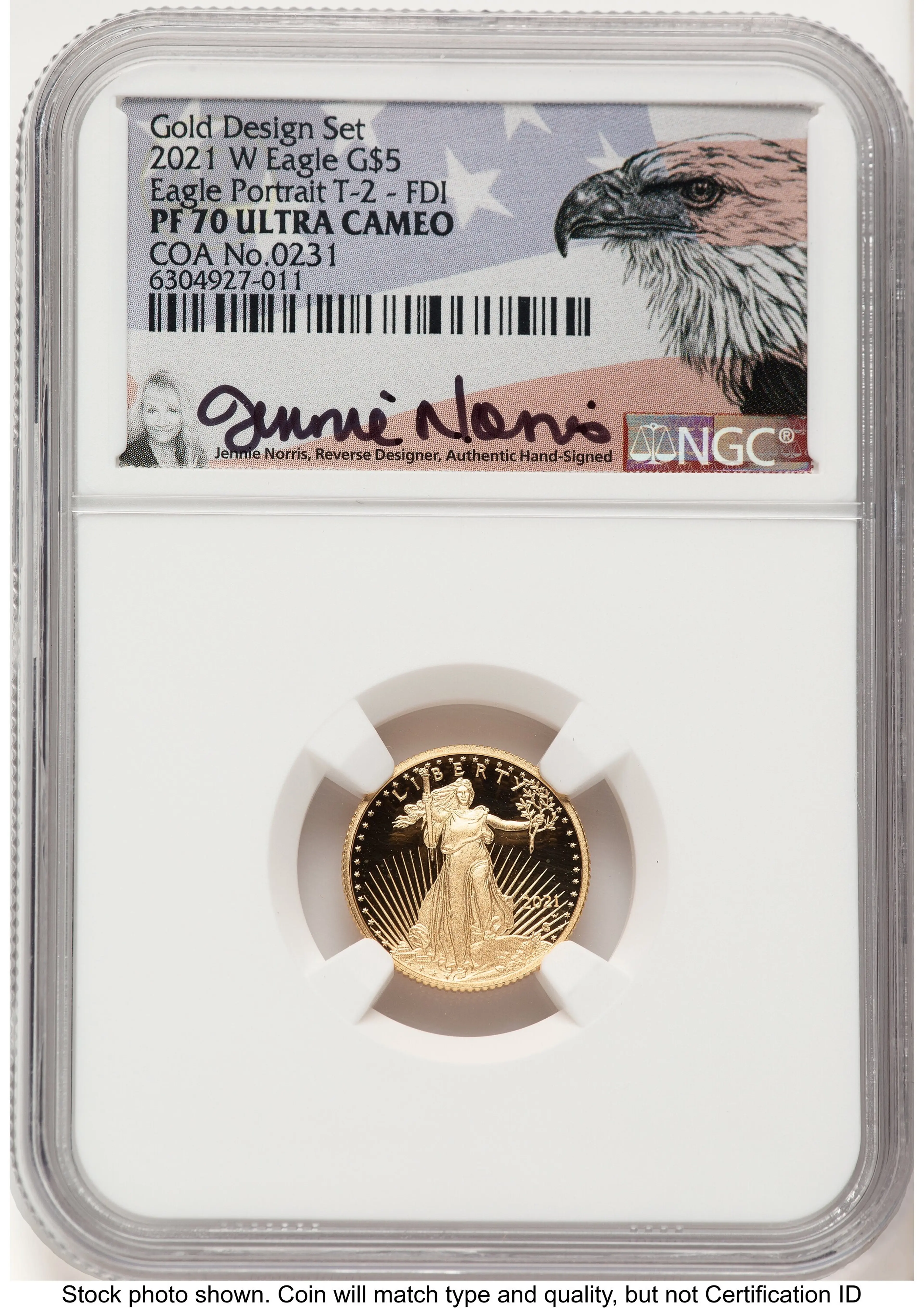 2021-W Type 2 Proof Gold Eagle 1/10 oz FDI Jennie Norris Eagle Flag