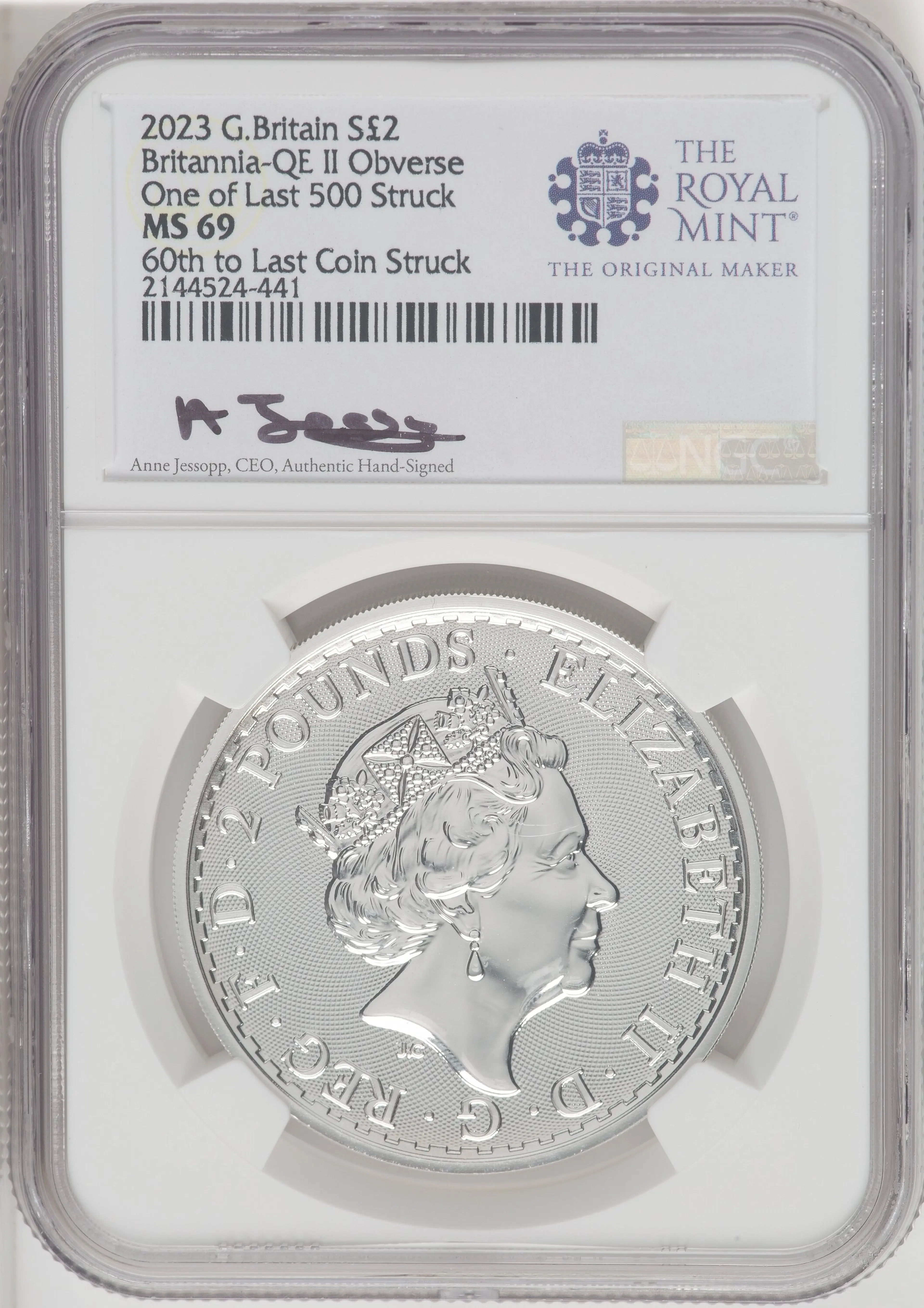 2023 G.B. S2 BRITANNIA-QE II OBVERSE 59TH TO LAST COIN STRUCK.