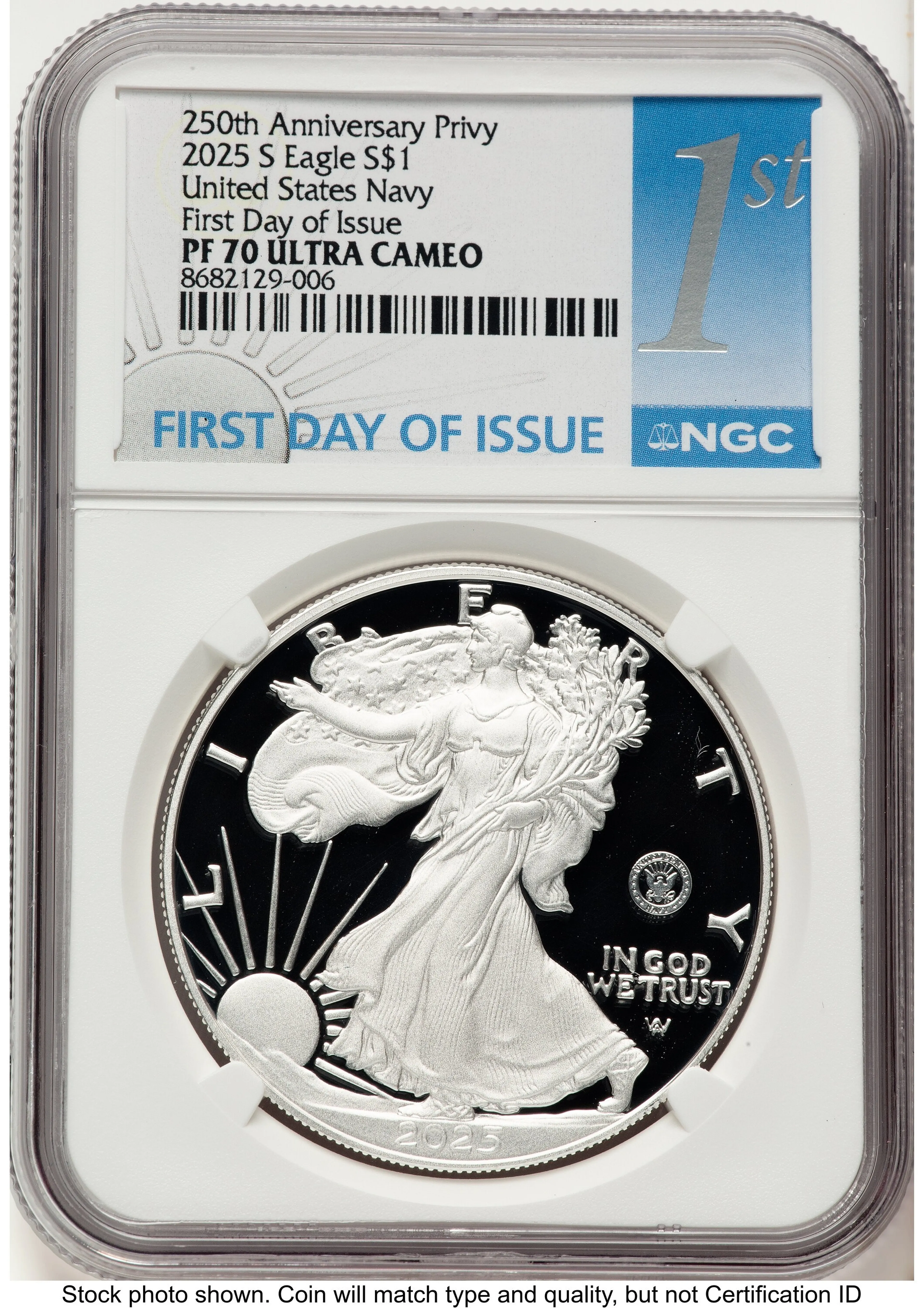 2025-S Proof Silver Eagle Privy U.S. Navy 250th Anniversary 1 oz FDI 1ST - Image 1