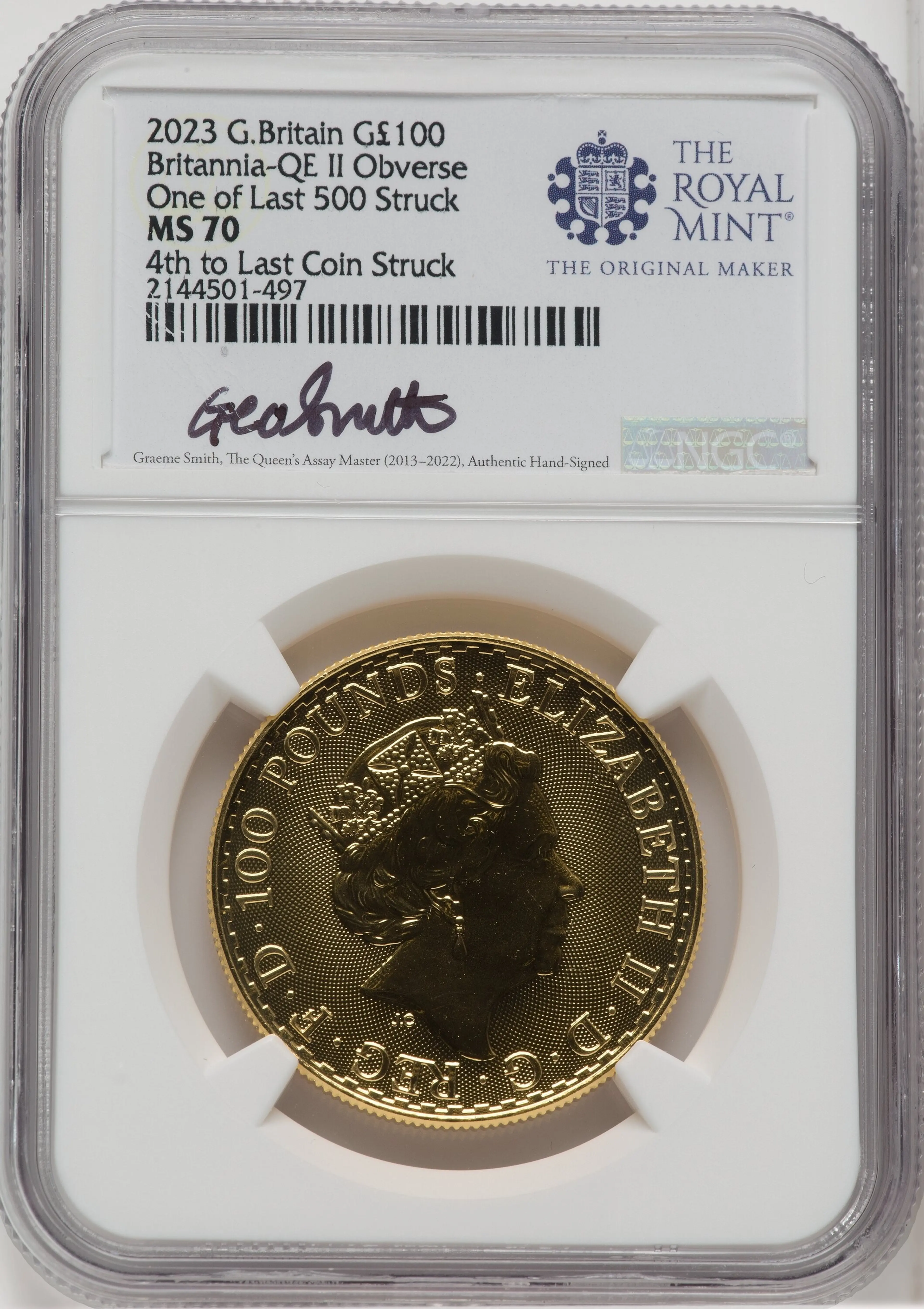 2023 G.B. G100 BRITANNIA-QE II OBVERSE 4TH TO LAST COIN STRUCK