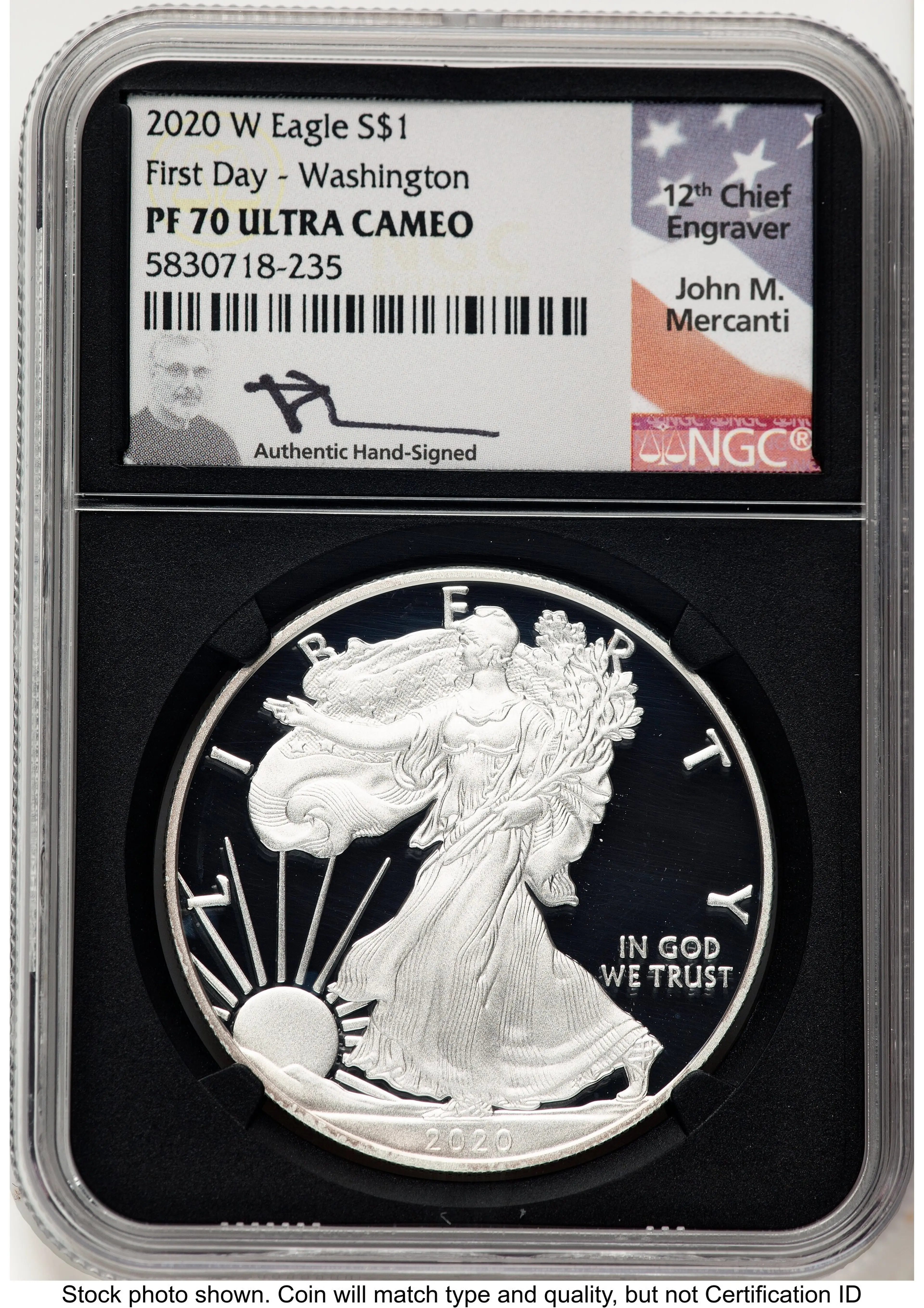 2020-W Proof Silver Eagle 1 oz FDI John Mercanti Washington DC Blk Core