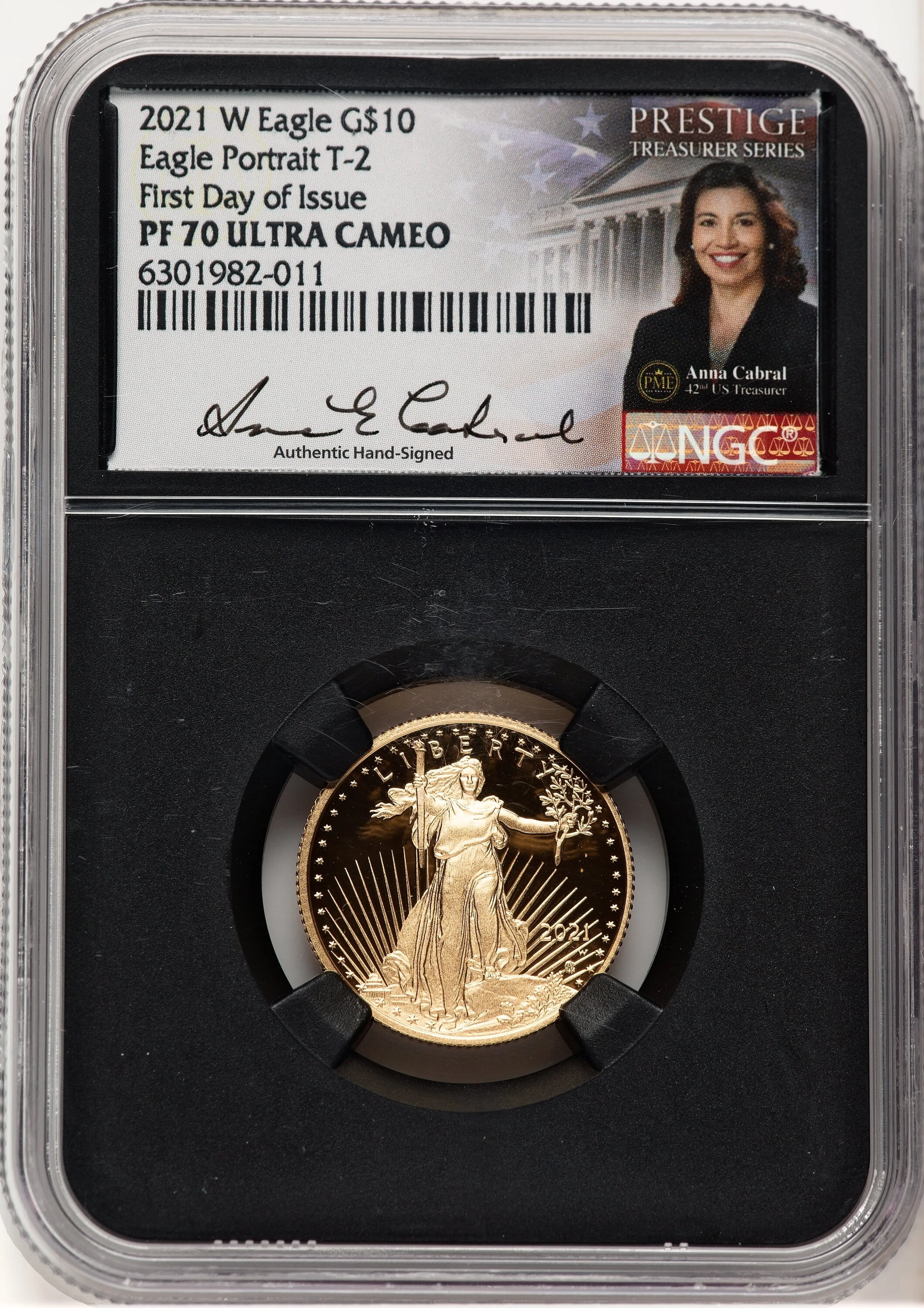 2021-W Type 2 Proof Gold Eagle 1/4 oz FDI Anna Cabral Prestige Treasurer Series Blk Core