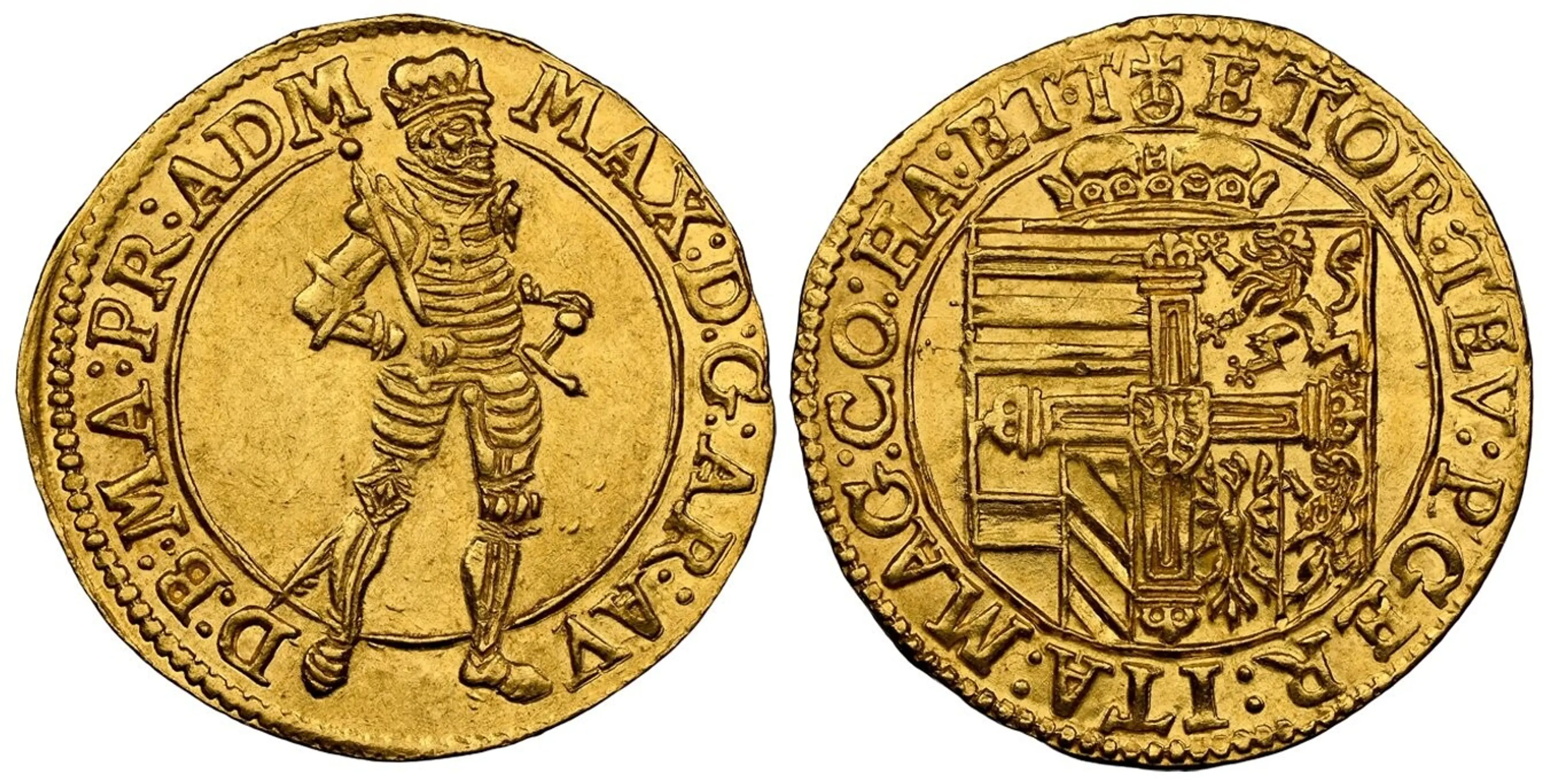 GERMAN STATES. Teutonic Order. Maximilian of Austria. (Grandmaster, 1590-1618). (1590-1618) ND-(Globus cruciger) AV Ducat. NGC MS63. (Hall). 22mm. MAX: D: G: AR: AV - D: B: MA: PR: ADM. Maximilian standing / ET OR: TEV: P GER: ITA: MAG: CO: HA: ET· T. Shi