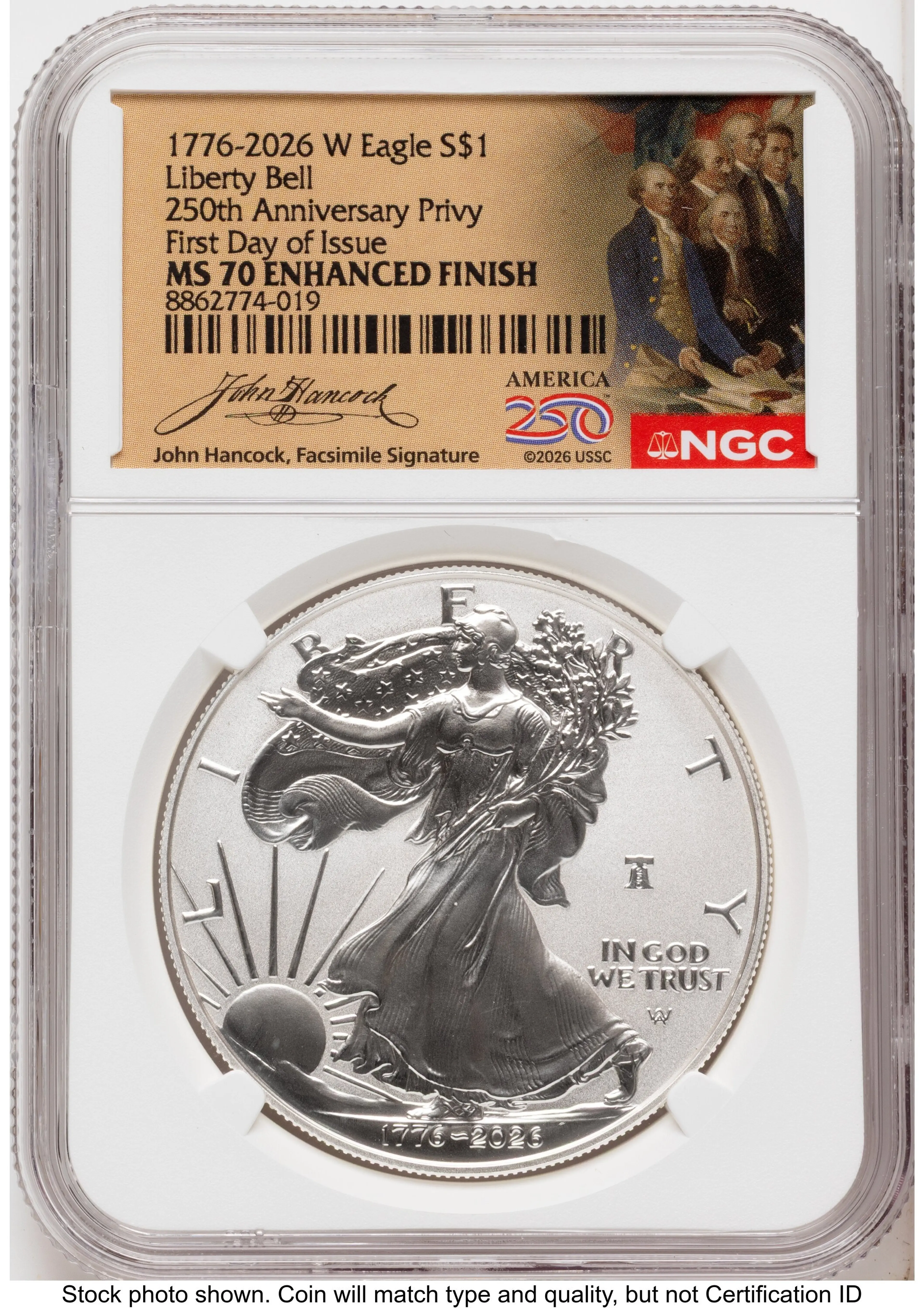 2026-W Enhanced Silver Eagle 1 oz FDI America 250 John Hancock Label