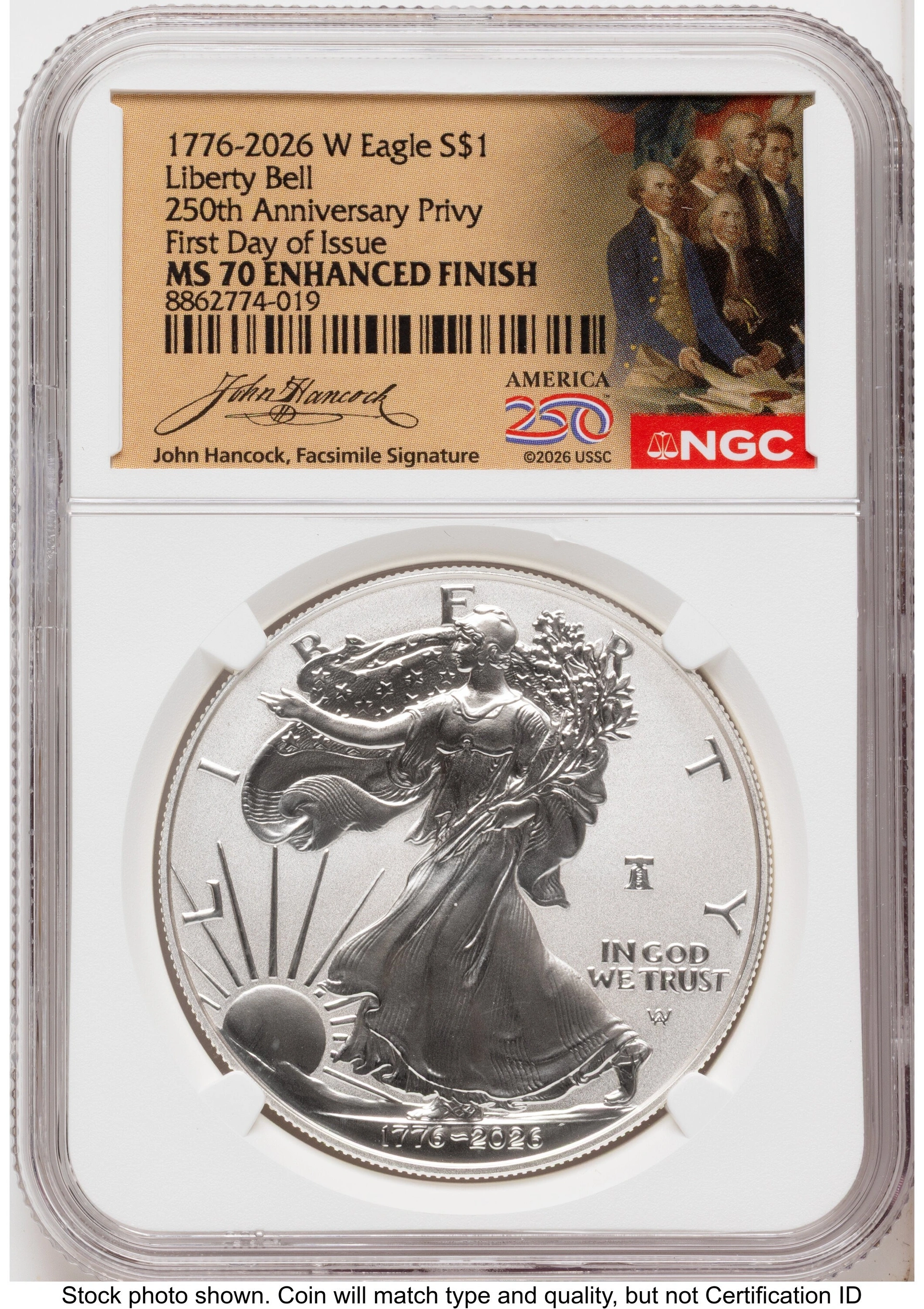 2026-W Enhanced Silver Eagle 1 oz FDI America 250 John Hancock Label